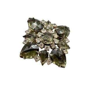 Vintage Grey Black Diamond Shape Rhinestones Pin Brooch Silver Tone Layered Pin